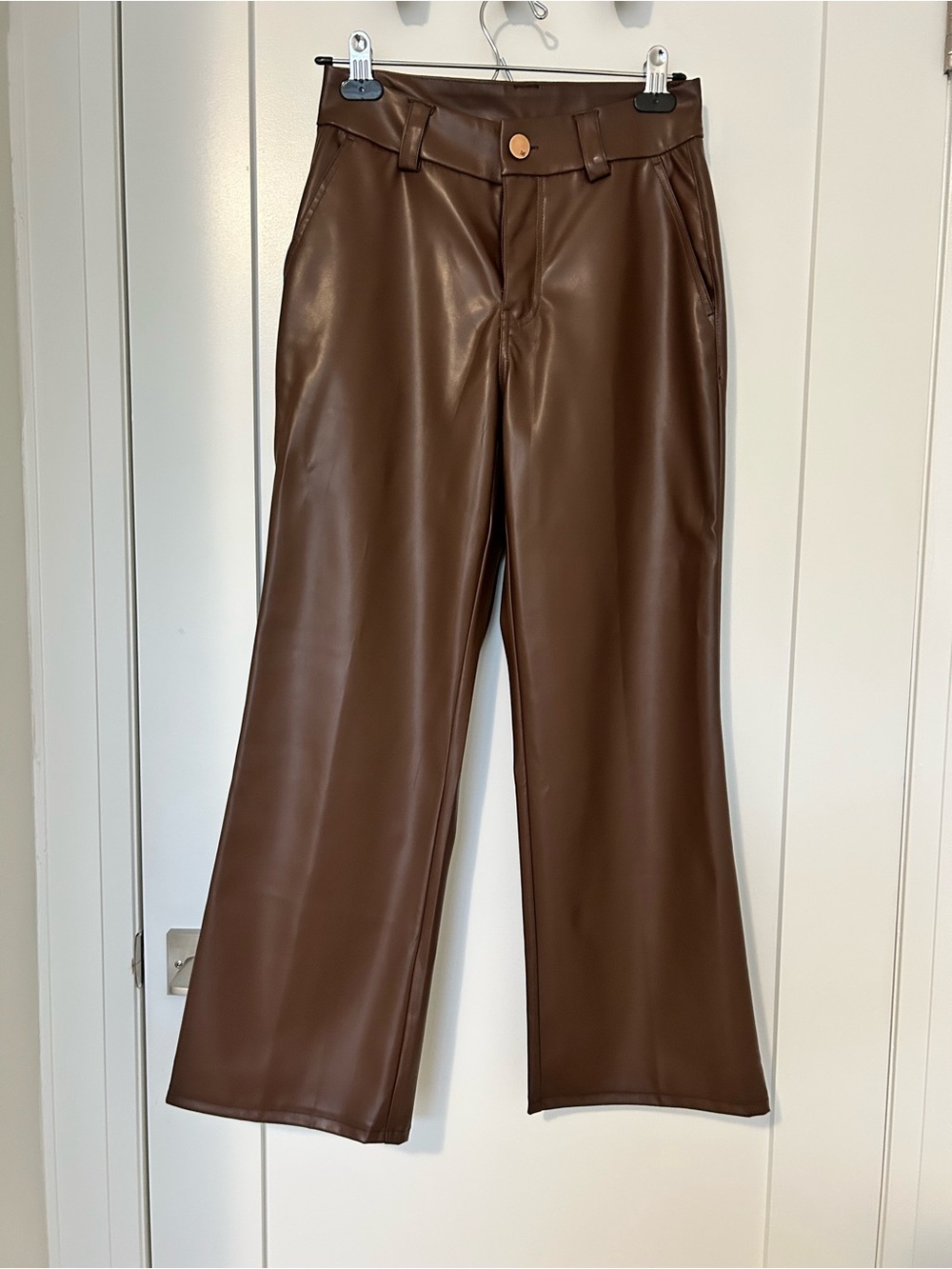 DG2 by Diane Gilman Chocolate Brown Faux Leather Wide-Leg Pants. Petite Length